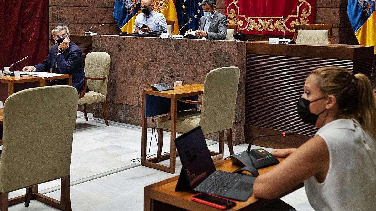 Román Rodríguez, a la izquierda de la imagen, mira a la diputada de Coalición Canaria Rosa Dávila durante la comisión.