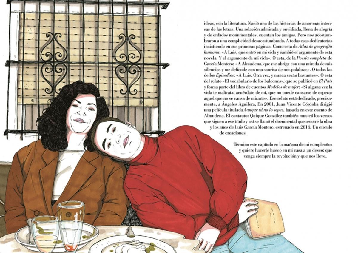 Almudena Grandes y Luis García Montero, vistos por Ana García Jarén, en las páginas interiores del libro.
