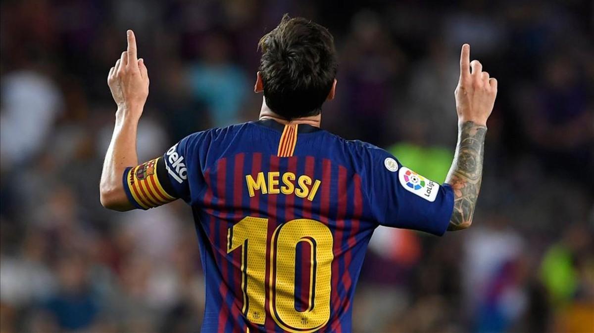 Leo Messi celebrando el gol 6.000 del Futbol Club Barcelona en LaLiga
