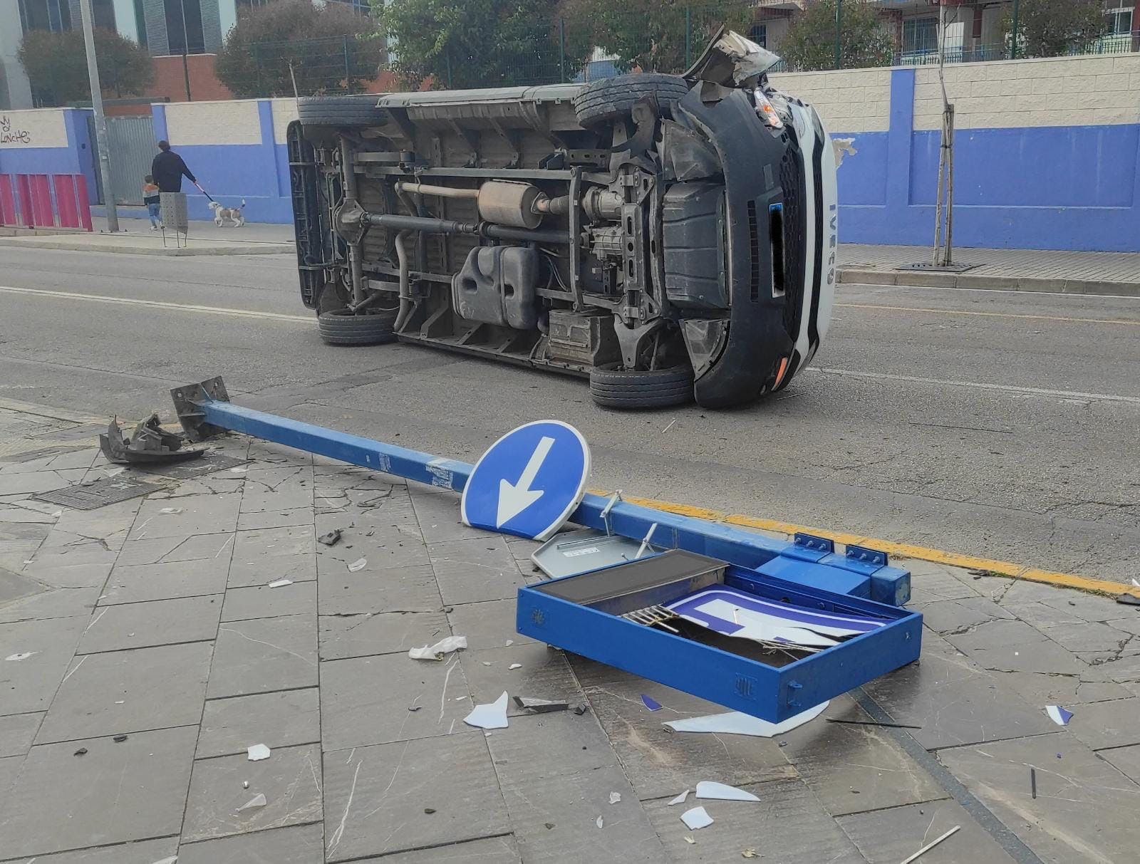 La furgoneta, volcada sobre la carretera.