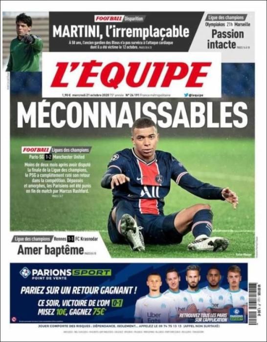 Portada L'ÉQUIPE MIÉRCOLES 21 OCTUBRE 2020