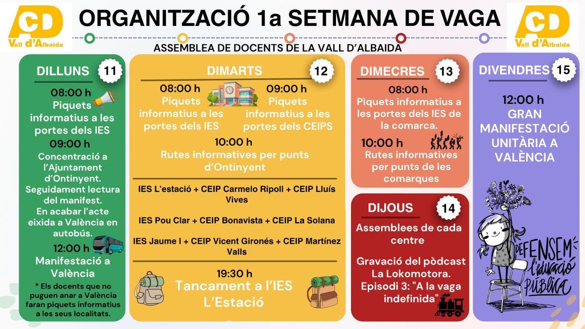 Calendario de movilizaciones programadas en Ontinyent para dar seguimiento a la huelga de hoy, 11 de mayo.