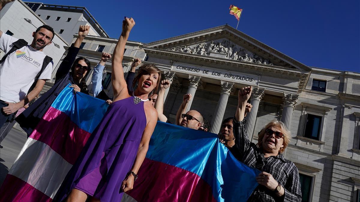 Activistas trans durante una protesta ante el Congreso de los Diputados.