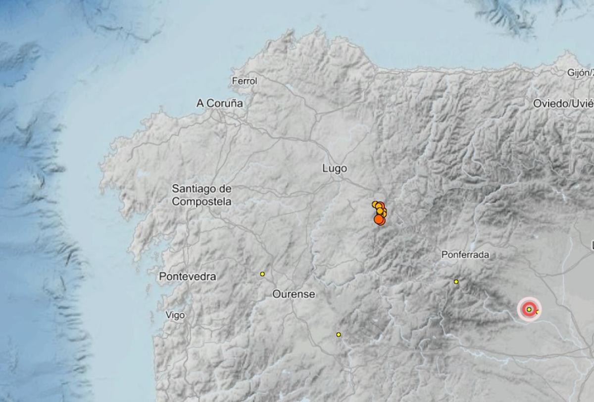 Mapa de la actividad sísmica registrada en la madrugada de este sábado en Lugo.