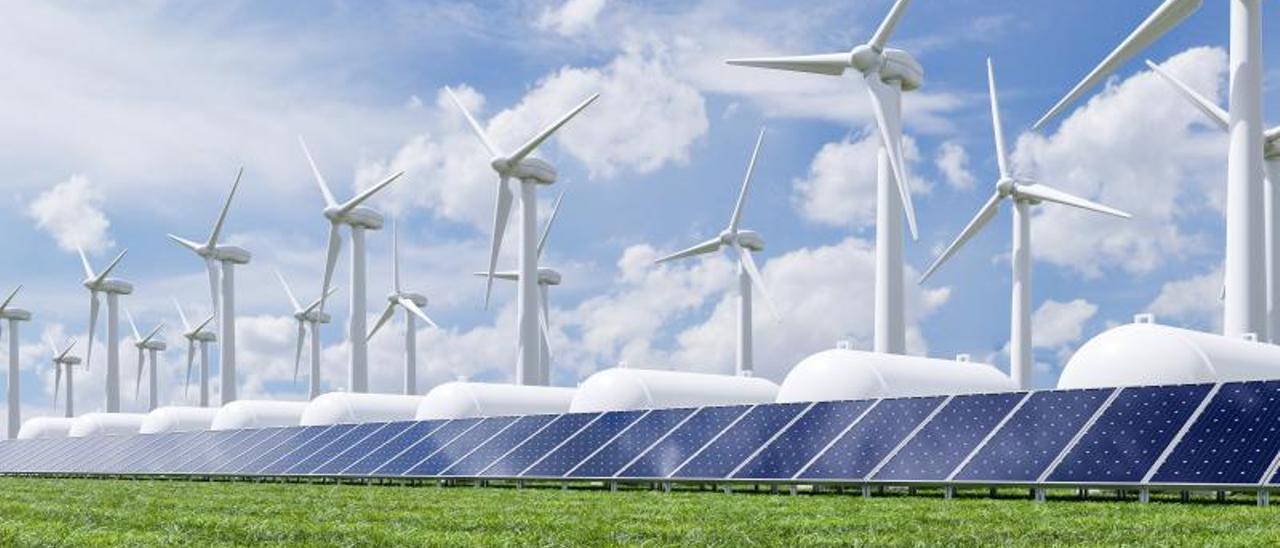 Instalación de turbinas eólicas y paneles solares con tanques de almacenamiento de hidrógeno.