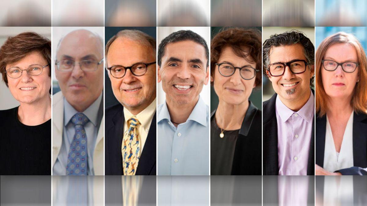 Los galardonados: por la izquierda, Katalin Karikó (bioquímica), Drew Weissman (inmunólogo), Philip Felgner (inmunólogo), Uğur Şahin (médico), Özlem Türeci (médico), Derrick Rossi (biólogo) y Sarah Gilbert (vacunóloga).