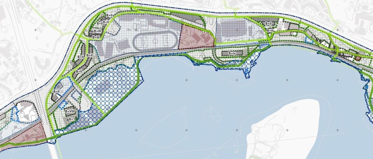 El plan con las nuevas sendas verdes, en tono más claro, y el sendero litoral, marcado con tonalidad más oscura. // La Opinión