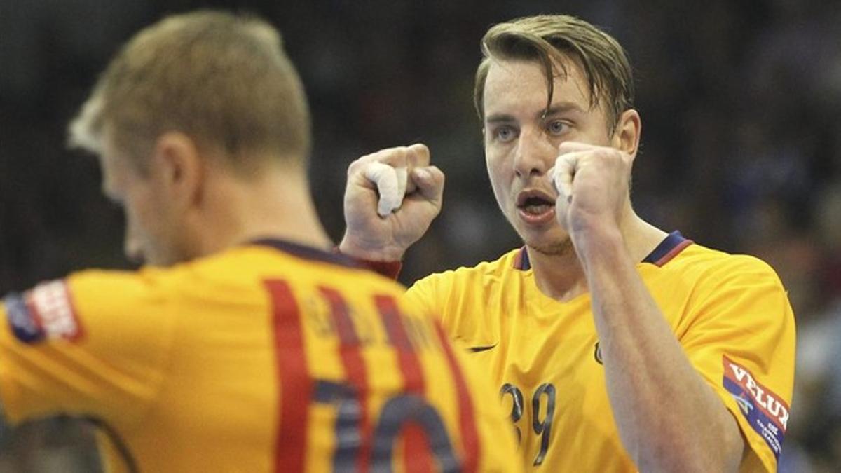 El jugador azulgrana Filip Jicha celebra una acción del encuentro entre el Barça y el Pick Szeged