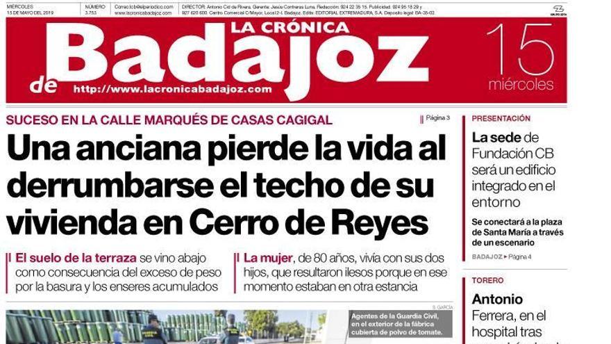 Esta es la portada de LA CRÓNICA DE BADAJOZ correspondiente al día 15 de mayo del 2019