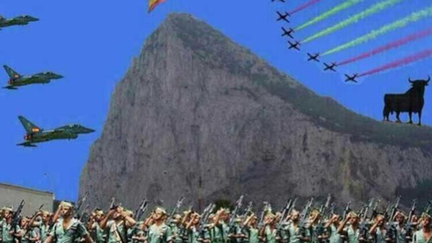 Fotomontaje con la bandera de España sobre Gibraltar.