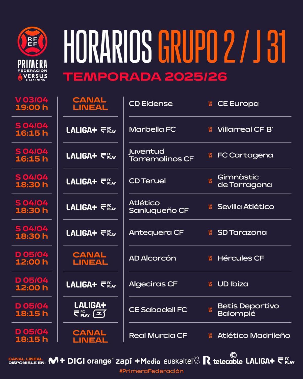 Horario (y canal de televisión) de todos los partidos de la jornada 31 relativos al Grupo II de Primera RFEF.