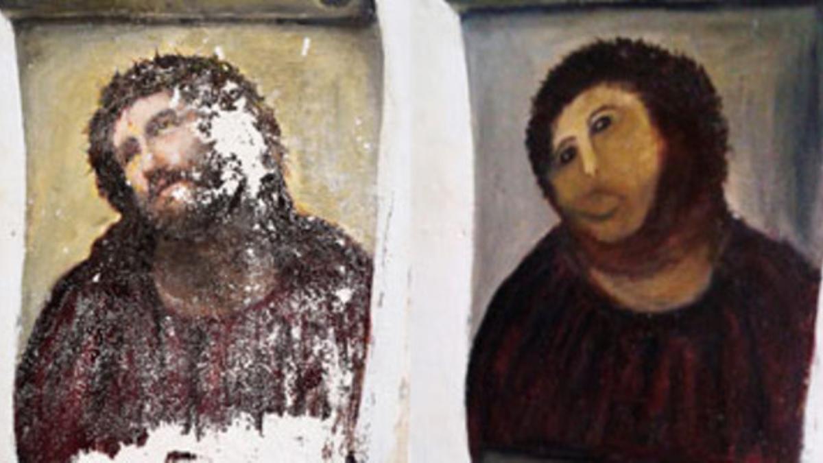 Imagen del 'Ecce Homo' original y de la restauración del mismo realizada por Cecilia Giménez.
