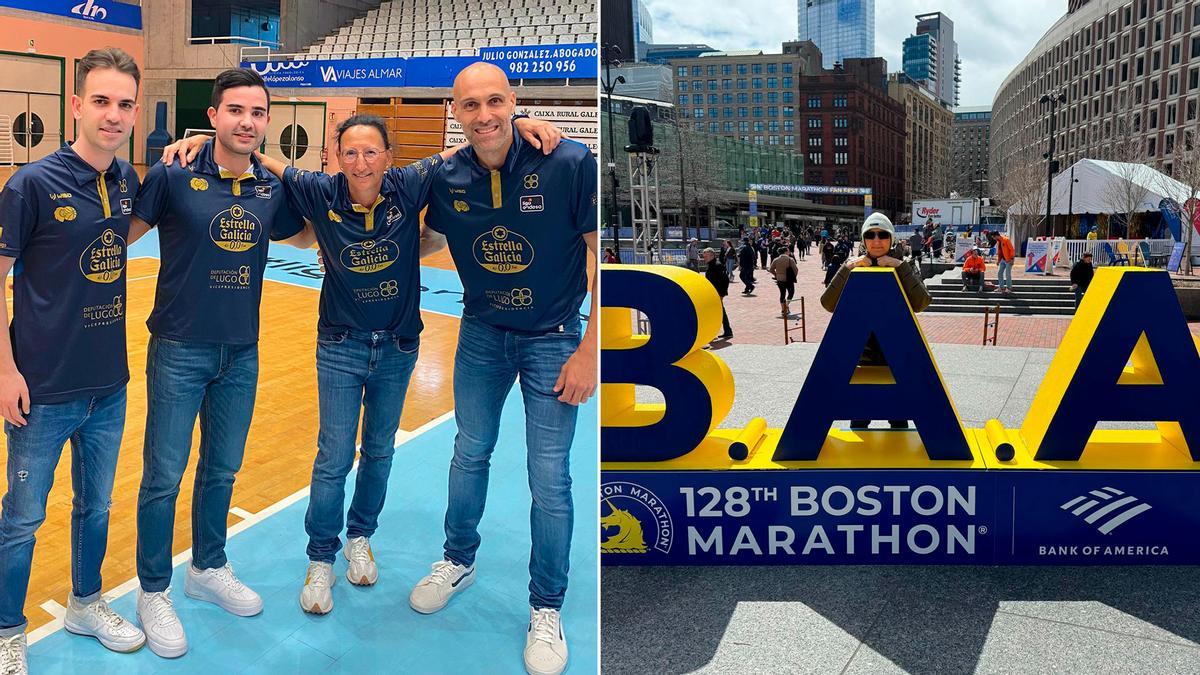 A la izquierda, con personal del Breogán. A la derecha en la maratón de Boston