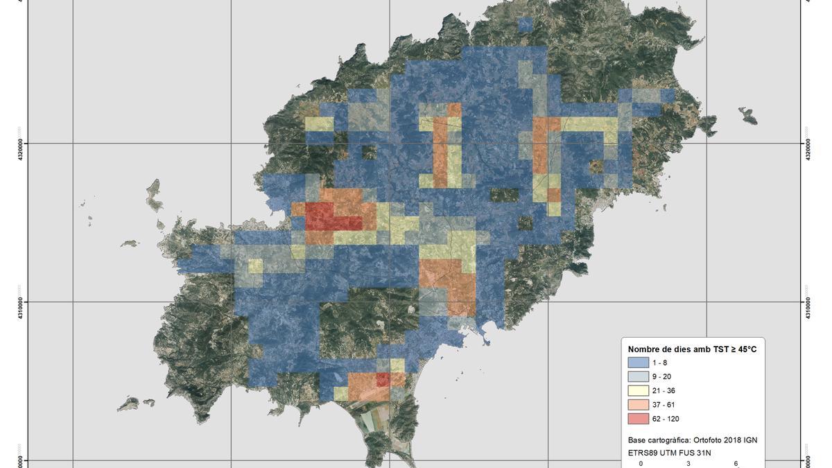 Mapa de las zonas más cálidas de Ibiza