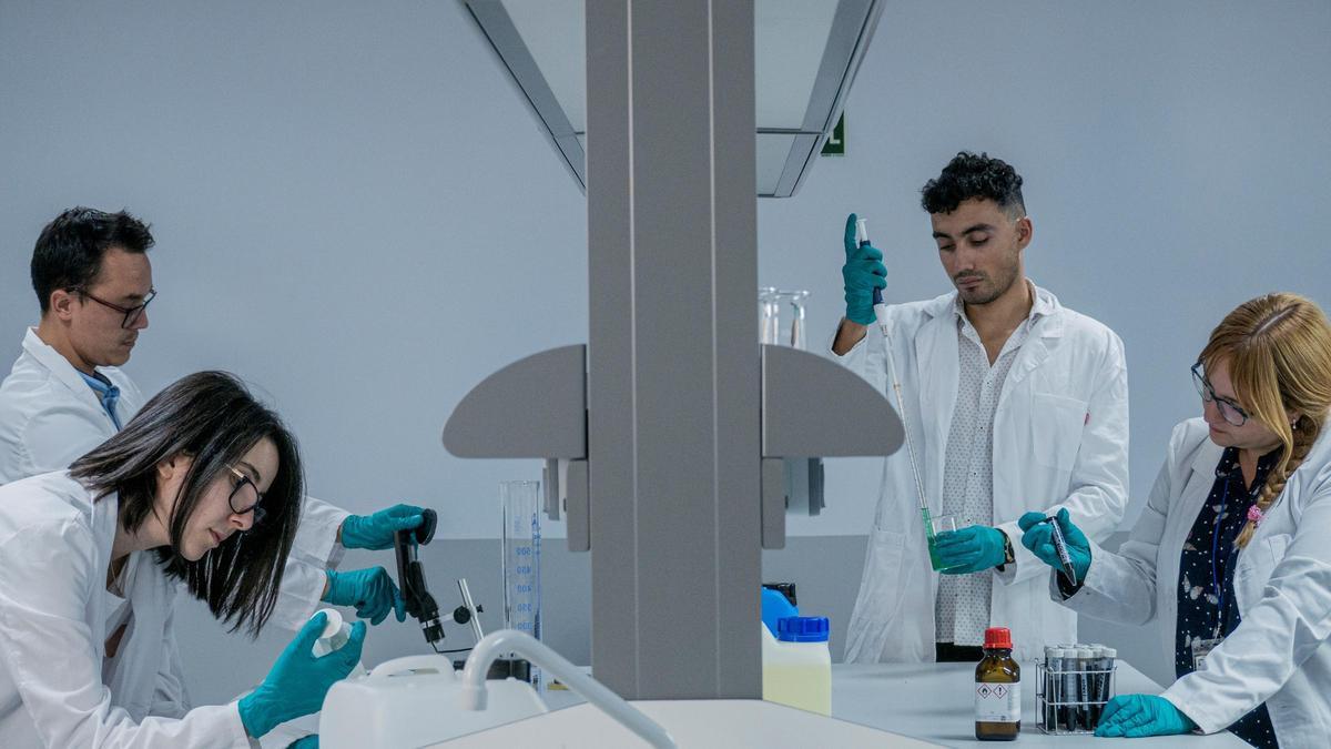 Miembros del equipo de investigadores de Nanomate by Phi4Tech investigan sobre nanomateriales.