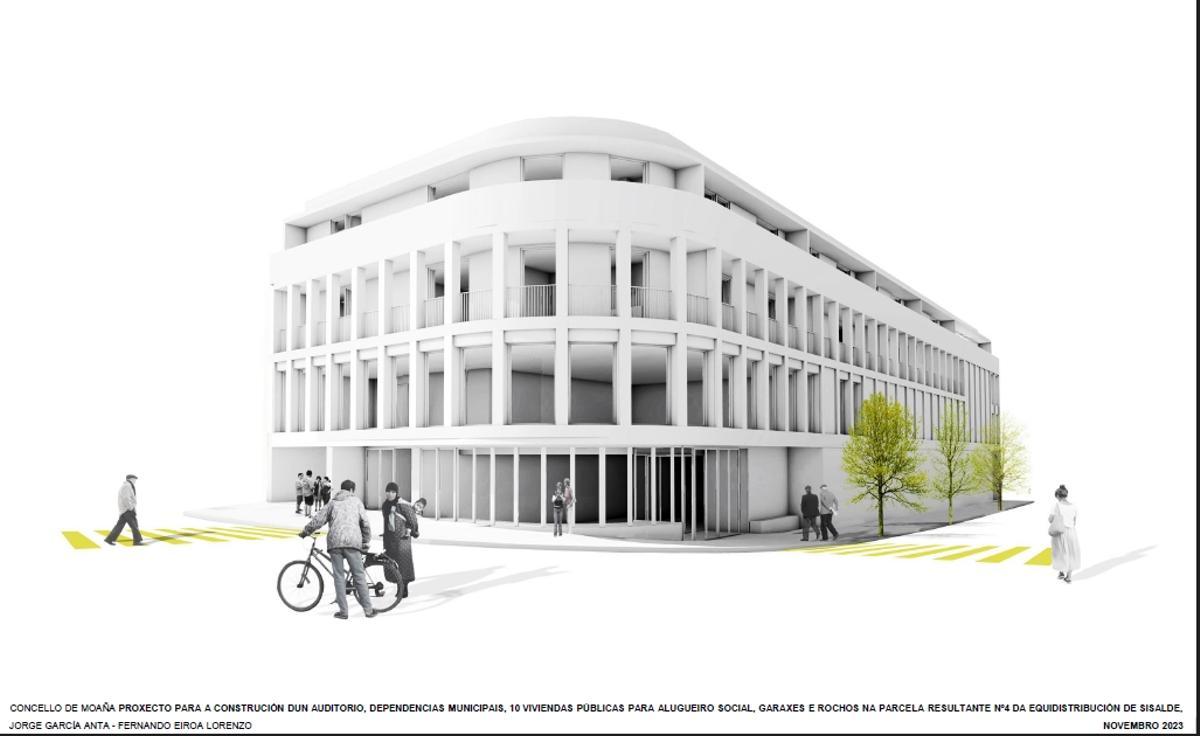 Una recreación del edificio que albergará el auditorio de Moaña en la planta baja.