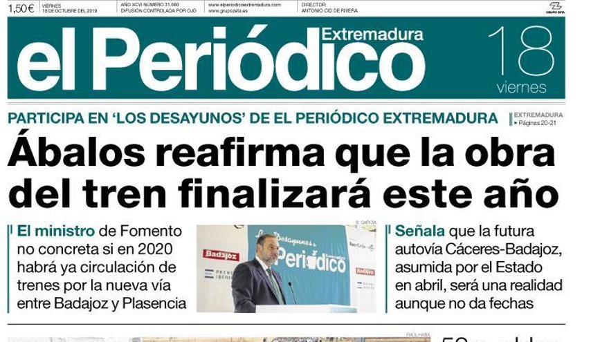 Esta es la portada de EL PERIÓDICO EXTREMADURA correspondiente al día 18 de octubre del 2019