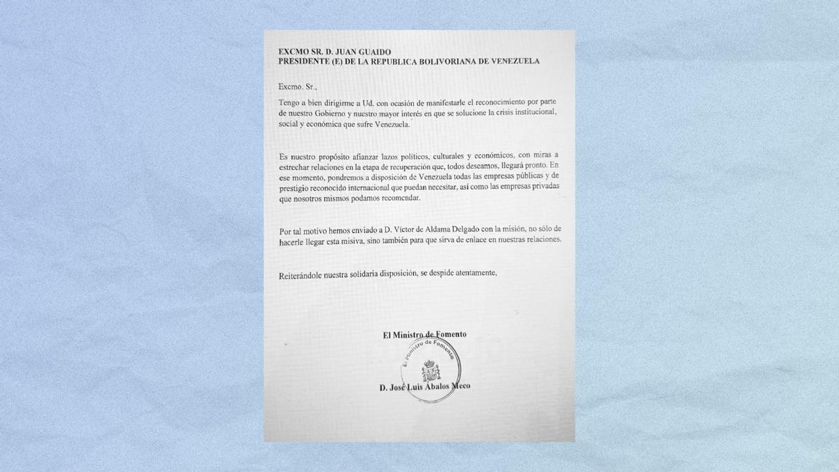 Carta de Ábalos encomendando a Víctor de Aldama interceder ante Guaidó