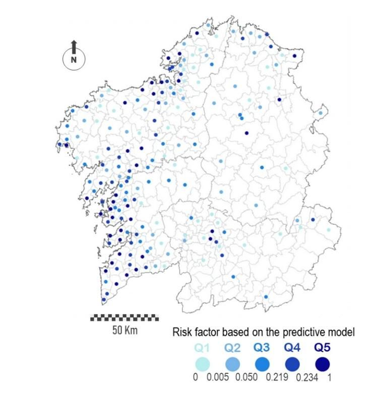 Mapa de Galicia con la previsión de mayor riesgo de COVID
