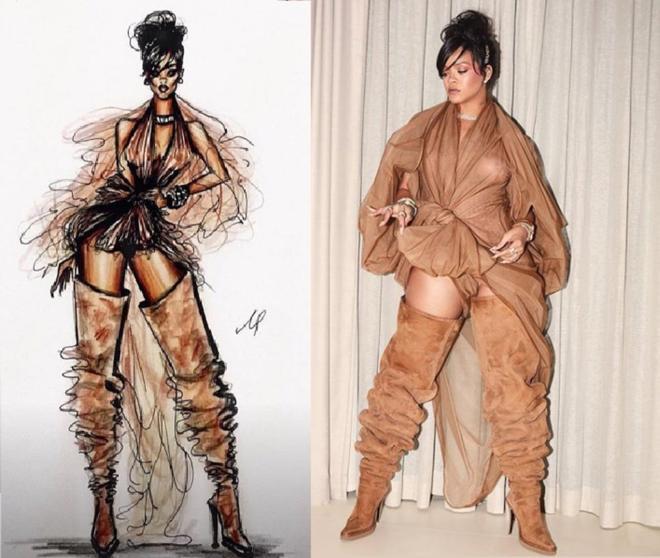 Boceto y foto del look AARG de Rihanna