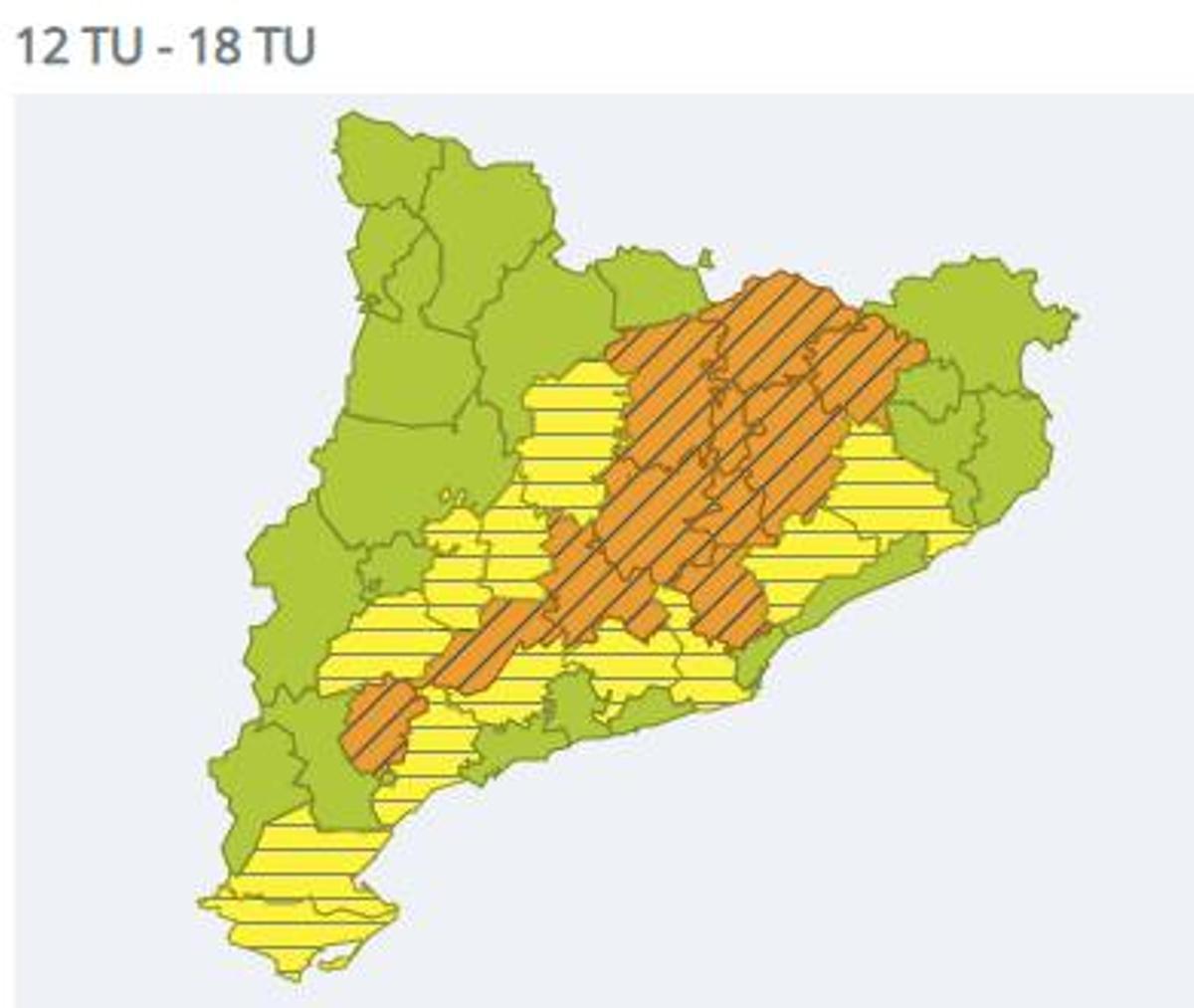 Mapa de les zones de Catalunya en alerta per pluja forta aquest dimarts