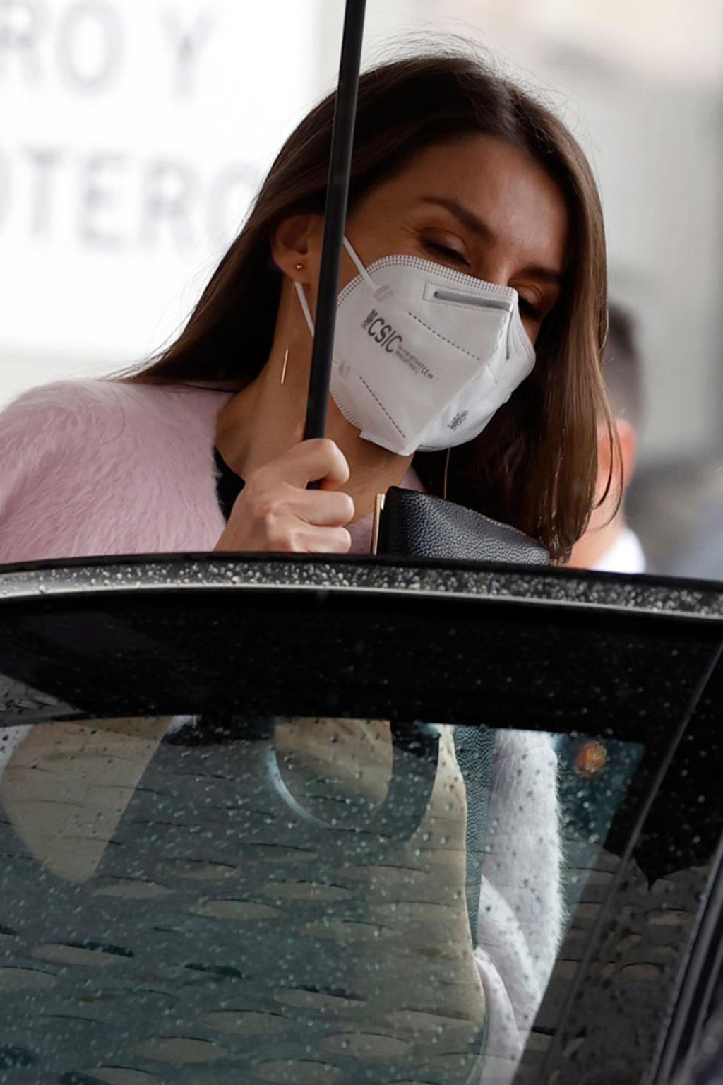 Detalle de los pendientes y el abrigo de pelo rosa de doña Letizia.