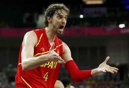 Spain's Gasol react to being called for a foul against France during their men's quarterfinal basketball match at the North Greenwich Arena in London during the London 2012 Olympic Games