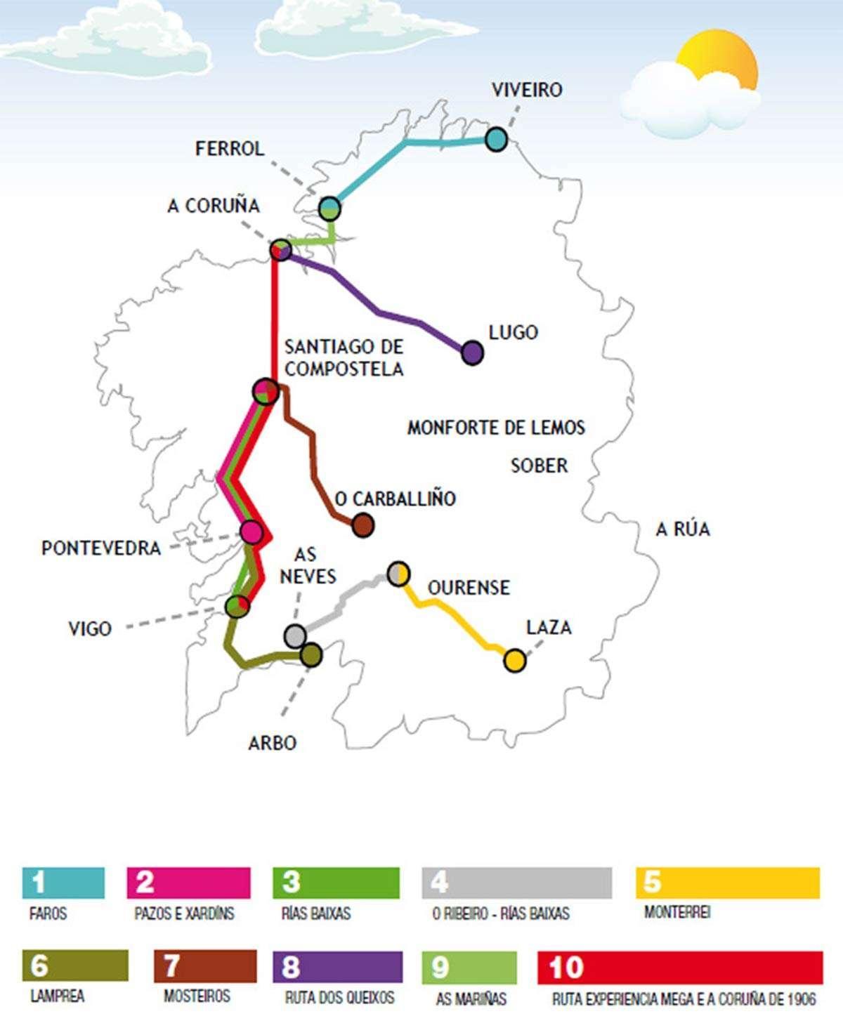 Mapa con las rutas de los Trenes Turísticos de Galicia 2022.