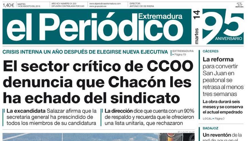 Esta es la portada de EL PERIÓDICO EXTREMADURA correspondiente al día 14 de agosto del 2018