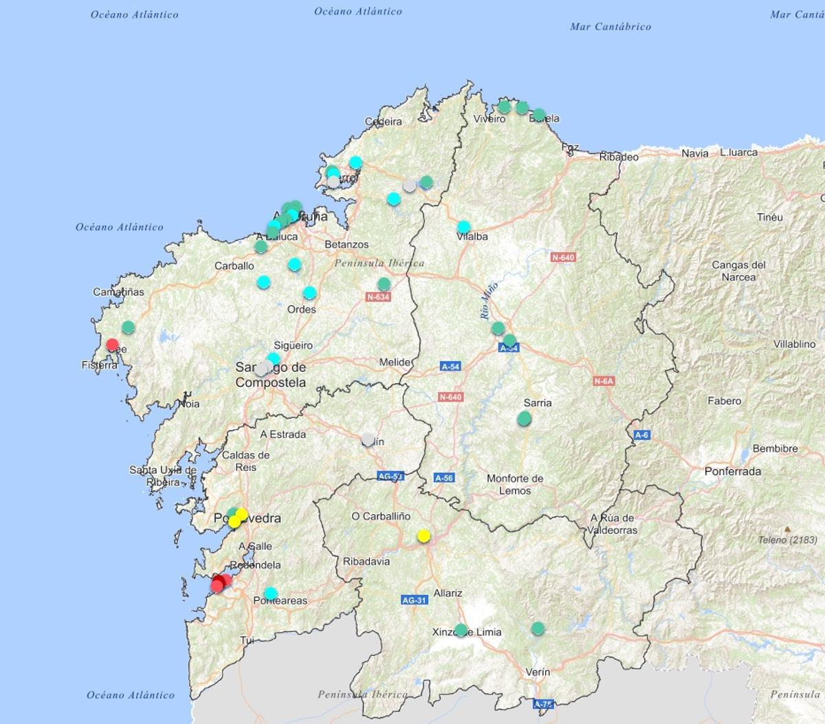 Mapa de la calidad del aire en Galicia hoy por la mañana.