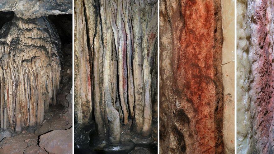 Muestra de las marcas rojizas halladas en el interior de la cueva de Ardales, en Málaga.