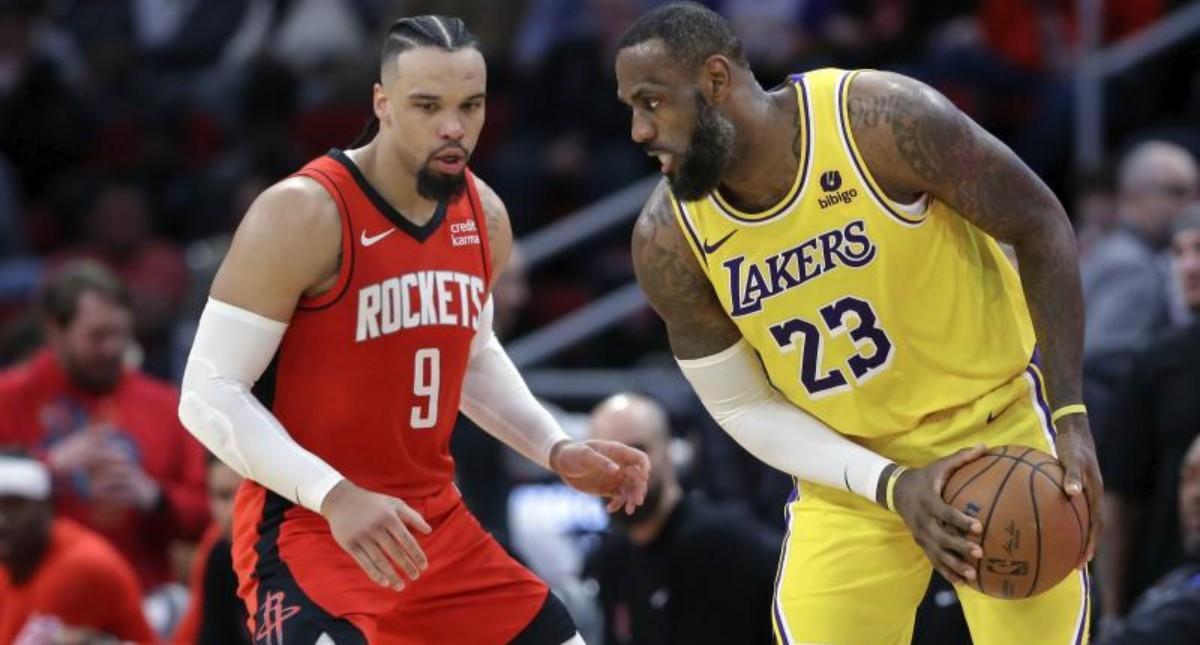 LeBron James y Dillon Brooks en la victoria de los Rockets contra los Lakers
