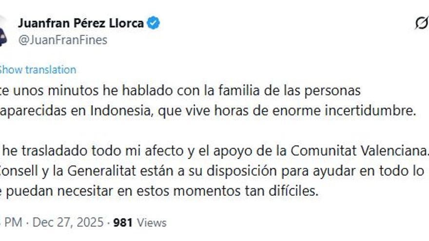 Pérez Llorca traslada el apoyo de la Generalitat a familiares de desaparecidos en Indonesia