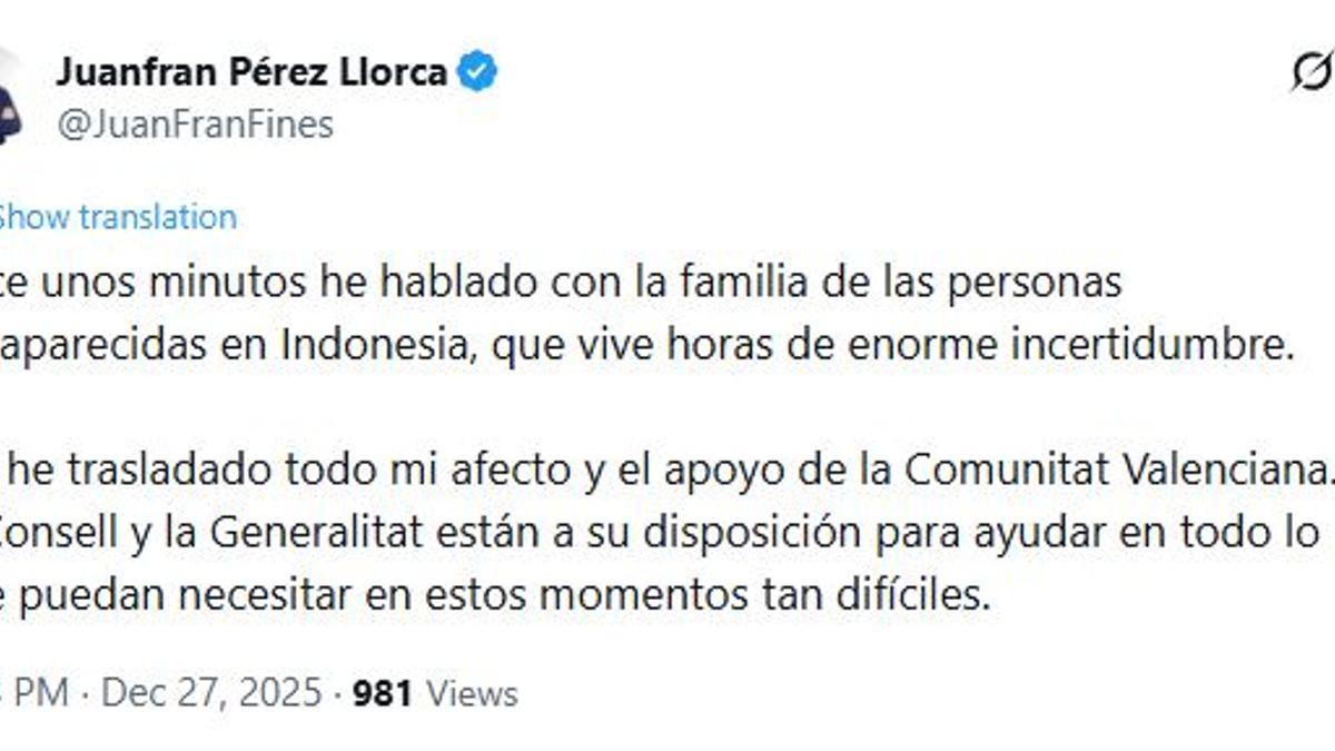 Mensaje del presidente de la Generalitat, Juanfran Pérez Llorca, tras hablar con la familia.