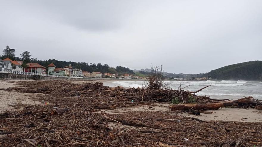 Madera y basura acumulada, arrastrada por el Sella, en la playa de Santa Marina de Ribadesella. | Julia Quince