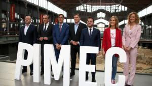 Alejandro Fernández (PPC), Josep Rull (Junts), Salvador Illa (PSC), Pere Aragonès (ERC) y Jéssica Albiach (Comuns), antes del debate de Pimec en el Born Centre Cultural