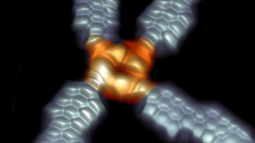 Imagen obtenida por microscopía del nuevo dispositivo molecular y sus conexiones a través de tiras de grafeno. // nanoGUNE