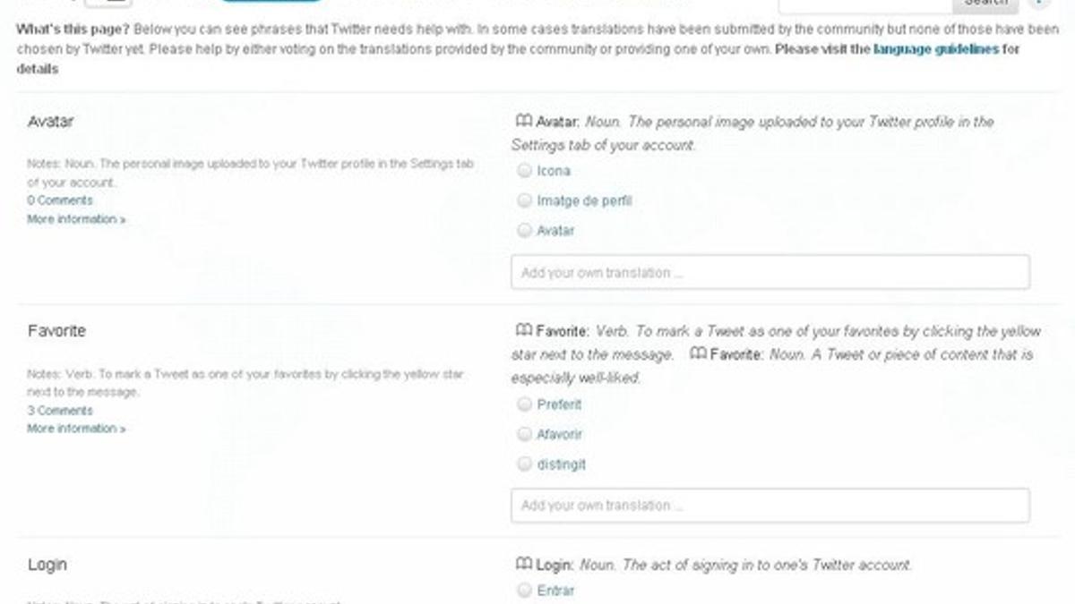Glosario de Twitter desde donde los usuarios pueden elegir cómo traducir los términos al catalán.