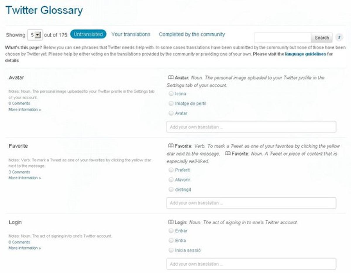 Glosario de Twitter desde donde los usuarios pueden elegir cómo traducir los términos al catalán. Glosario de Twitter desde donde los usuarios pueden elegir cómo traducir los términos al catalán.