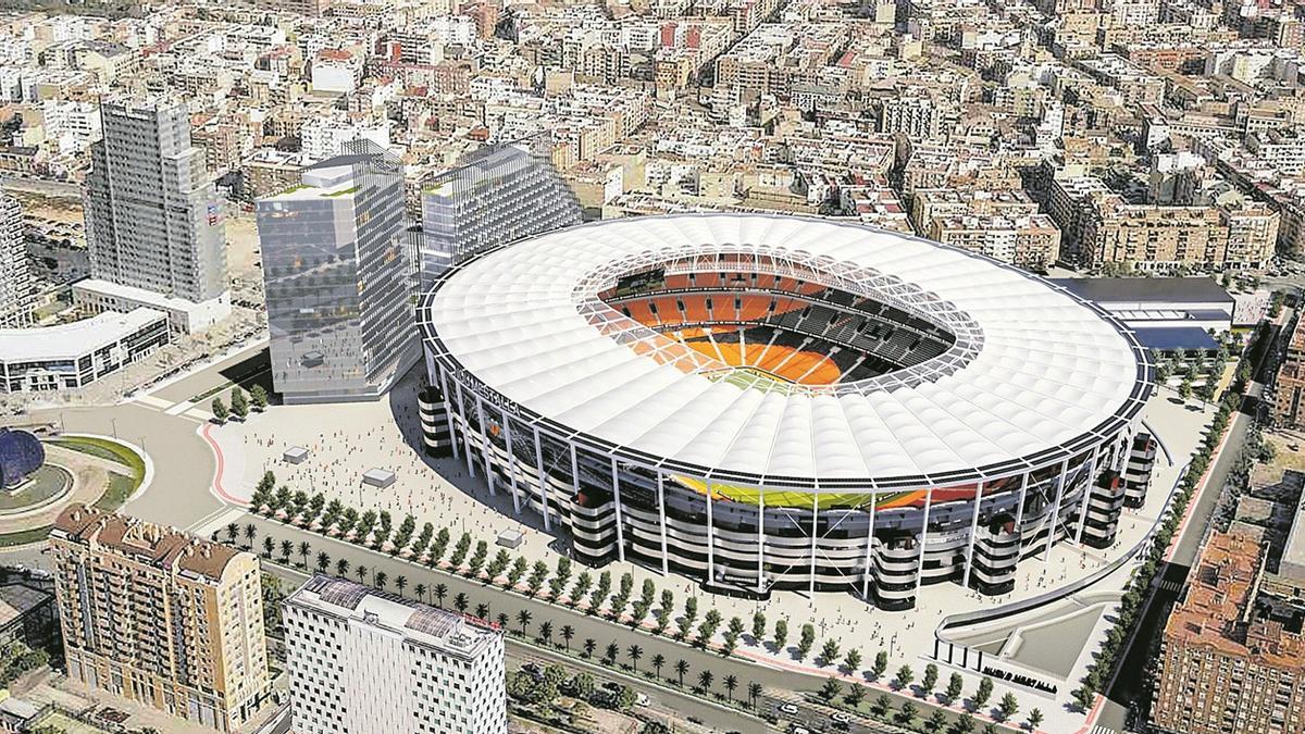 Imagen simulada del Nou Mestalla, cuyas obras se reiniciaron en enero pasado, ya terminado, con el barrio de Benicalap de fondo.