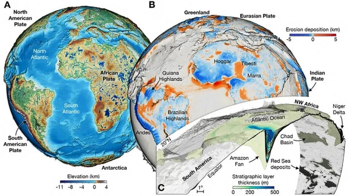 Imagen del modelo creado por científicos que revela la evolución del paisaje durante los últimos 100 millones de años.
