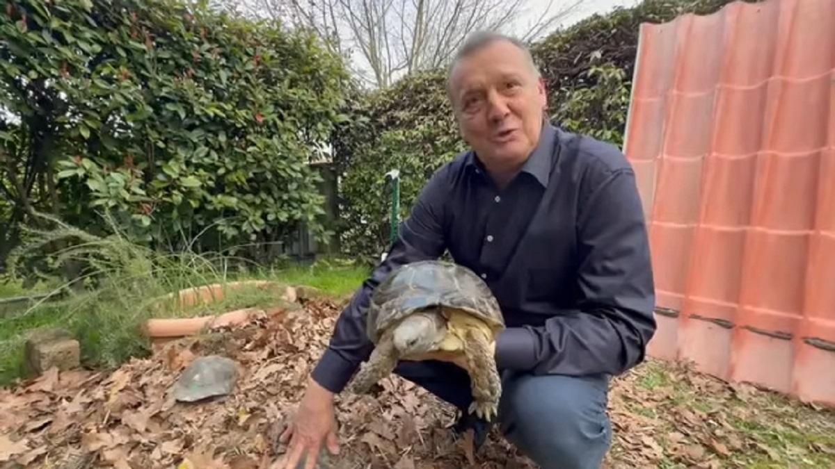 El dueño de las tortugas, en su jardín, con una de ellas