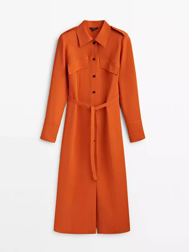 Vestido largo camisero naranja de Massimo Dutti