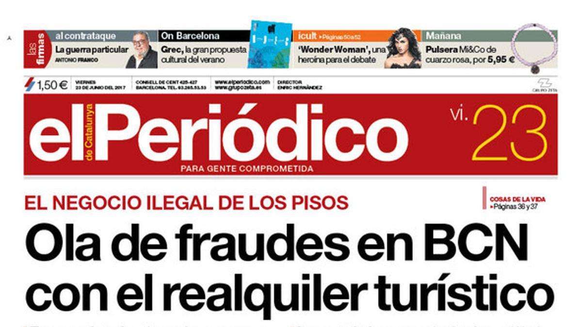 La portada de EL PERIÓDICO del 23 de junio del 2017.