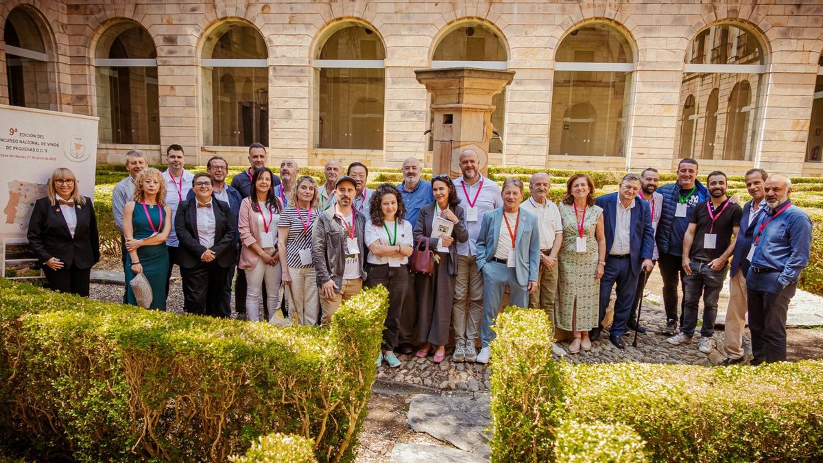 Foto de familia de los participantes en el noveno concurso de vinos de pequeñas denominaciones de origen de España celebrado este viernes en Cangas del Narcea.