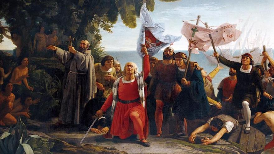 &quot;Primer desembarco de Cristóbal Colón en América&quot;, cuadro de Dióscoro Teófilo de la Puebla