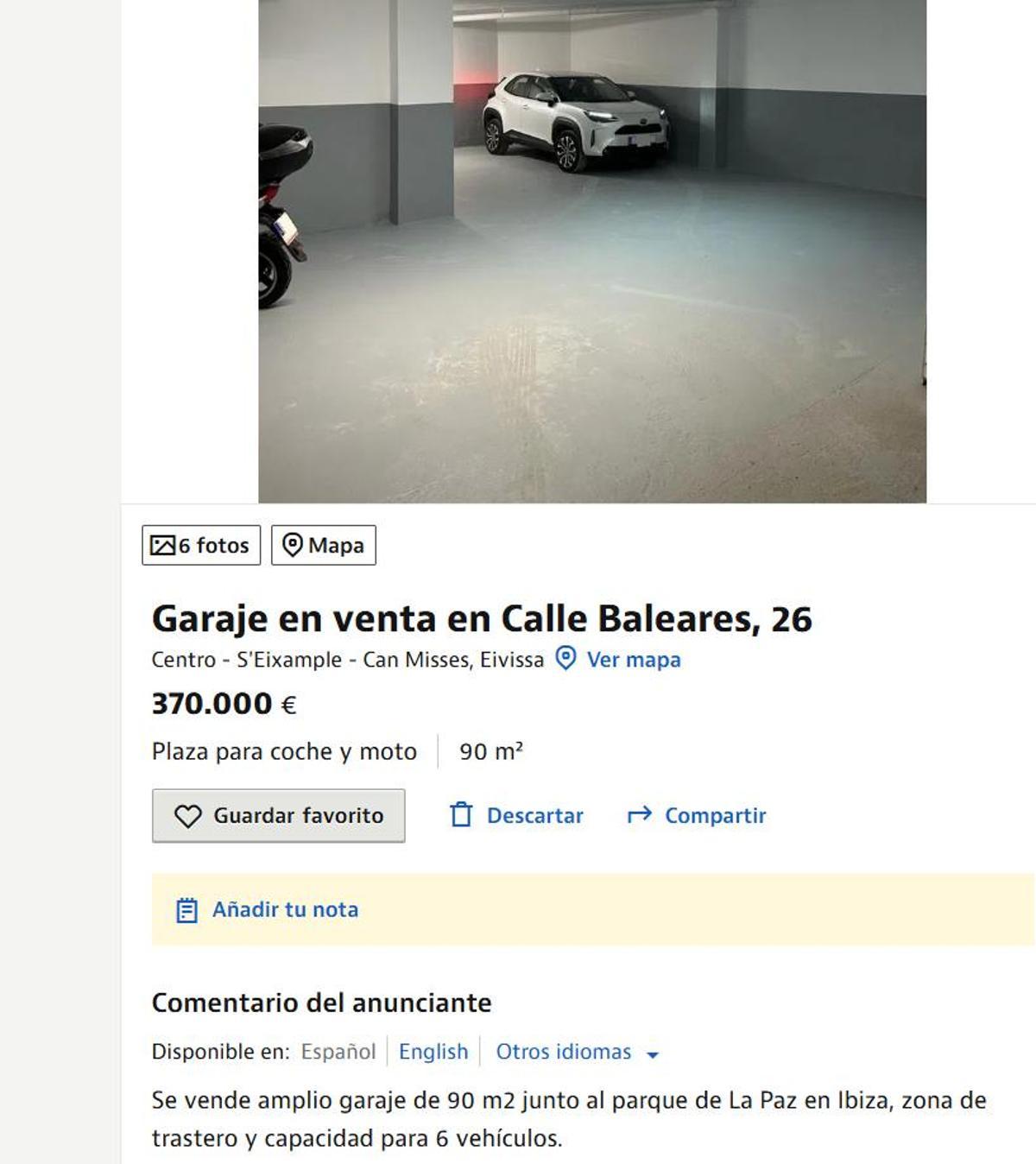 Anuncio del alquiler de la plaza de parking