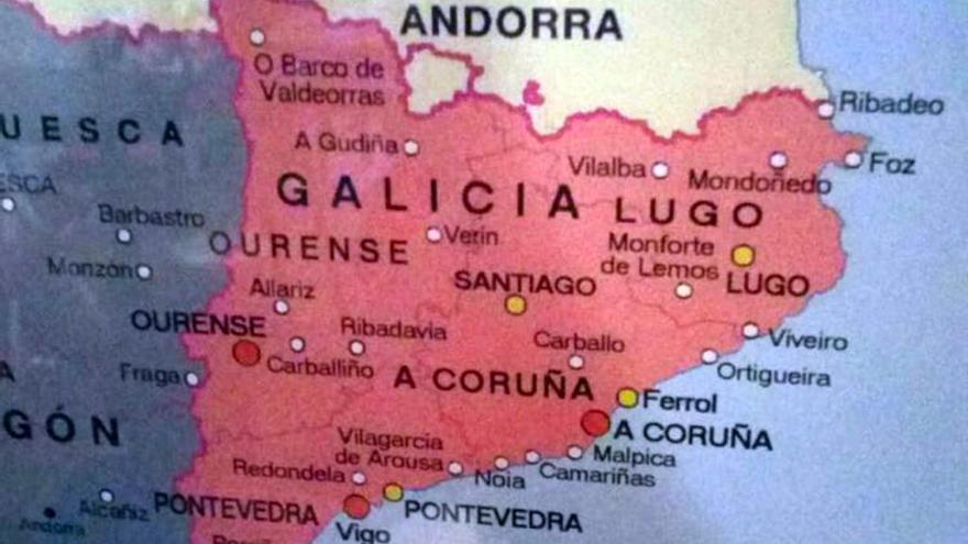 El mapa que sitúa las ciudades y pueblos gallegos en Cataluña. // @aldaradc29