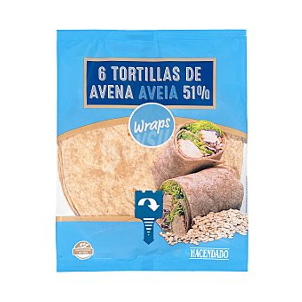 Detalle del envase de tortillas de avena que Mercadona comercializa bajo la marca blanca Hacendado.