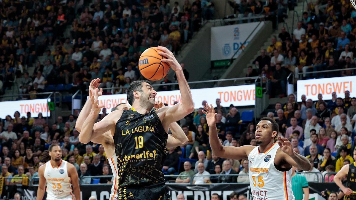 Gio Shermadini, junto a Fabian White, en una jugada del partido La Laguna Tenerife-Galatasaray de los cuartos de final